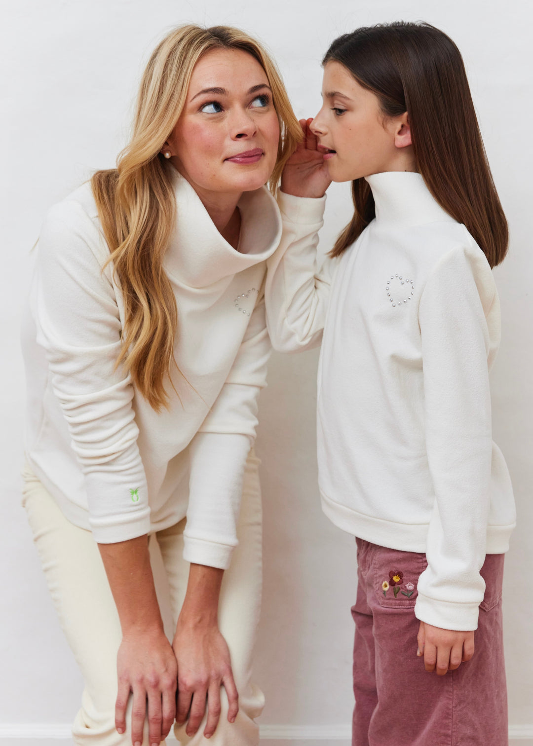 Girls Pippa Turtleneck in Terry Fleece (Cream with Rhinestud Heart)