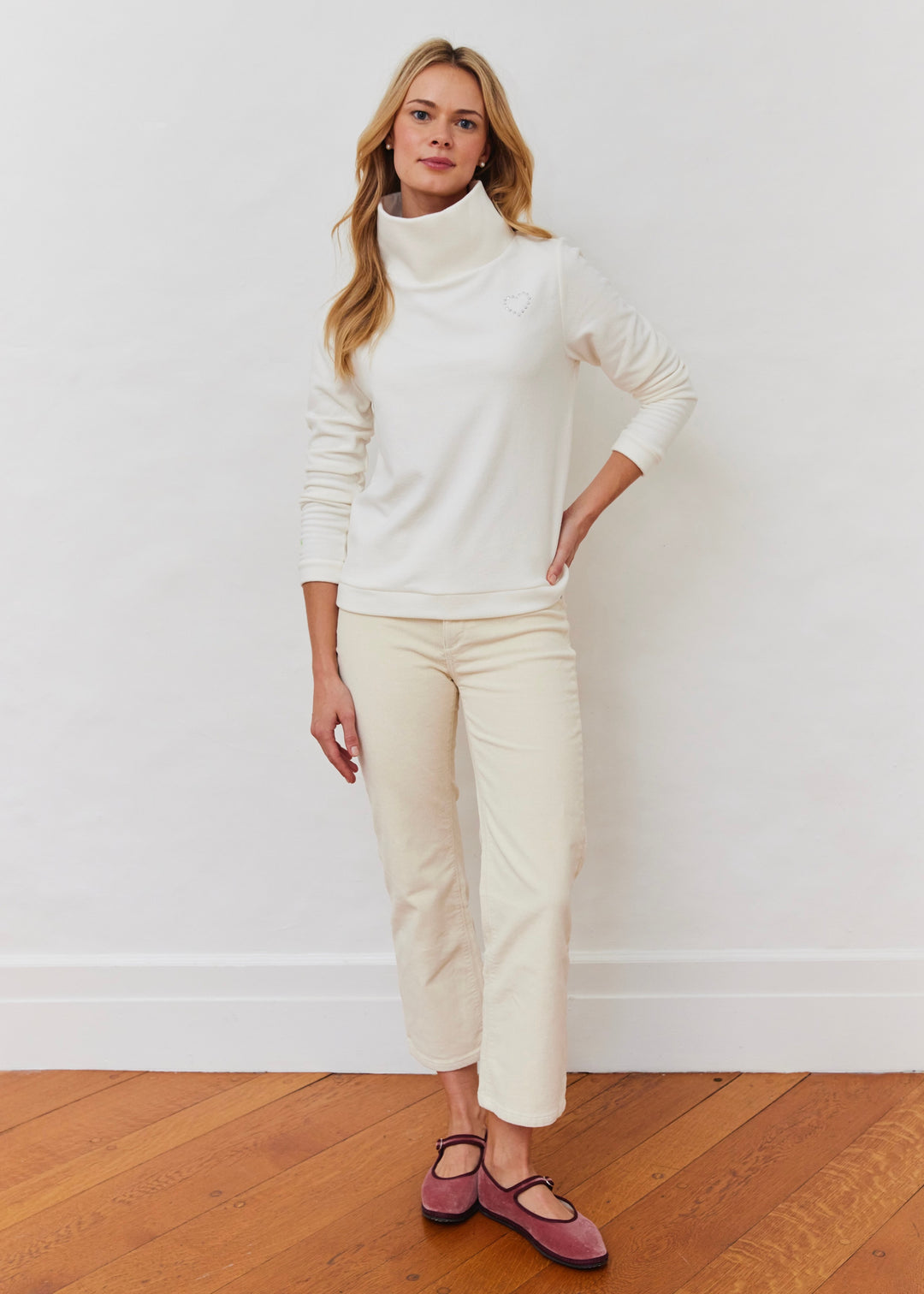 Park Slope Turtleneck in Terry Fleece (Cream with Rhinestud Heart)