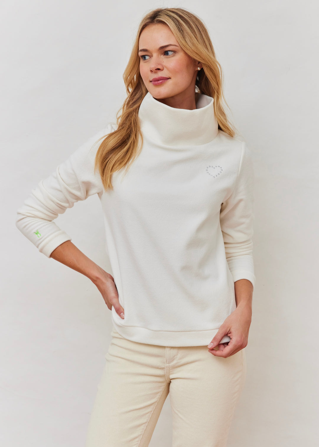 Park Slope Turtleneck in Terry Fleece (Cream with Rhinestud Heart)