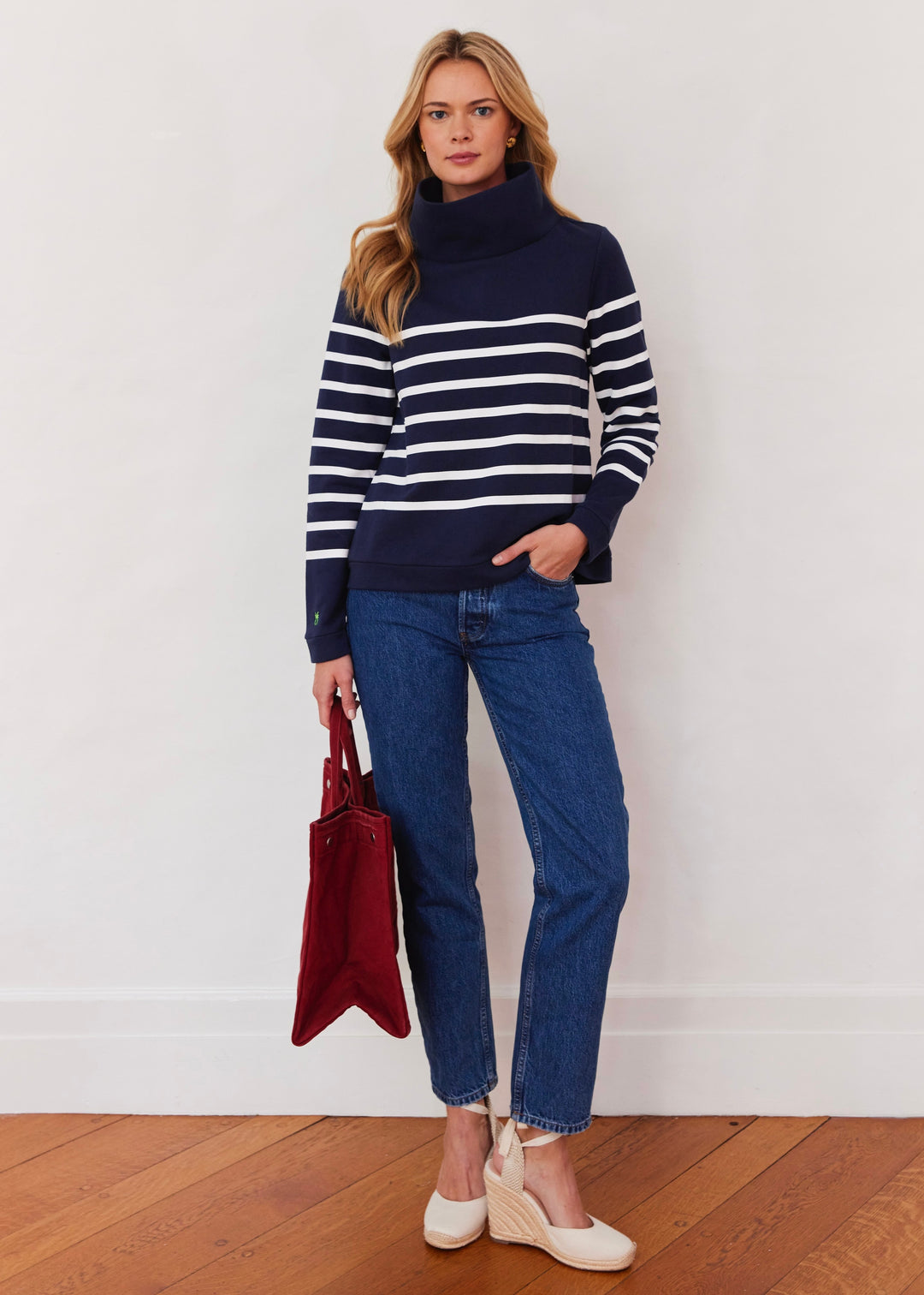 Park Slope Turtleneck in French Terry (Navy/White Placed Stripe)