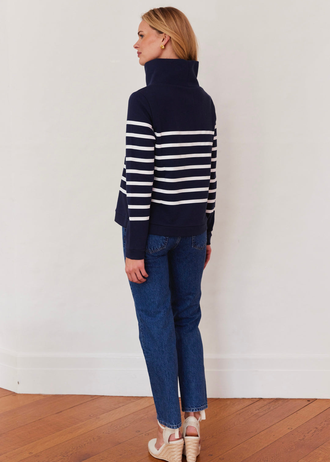 Park Slope Turtleneck in French Terry (Navy/White Placed Stripe)
