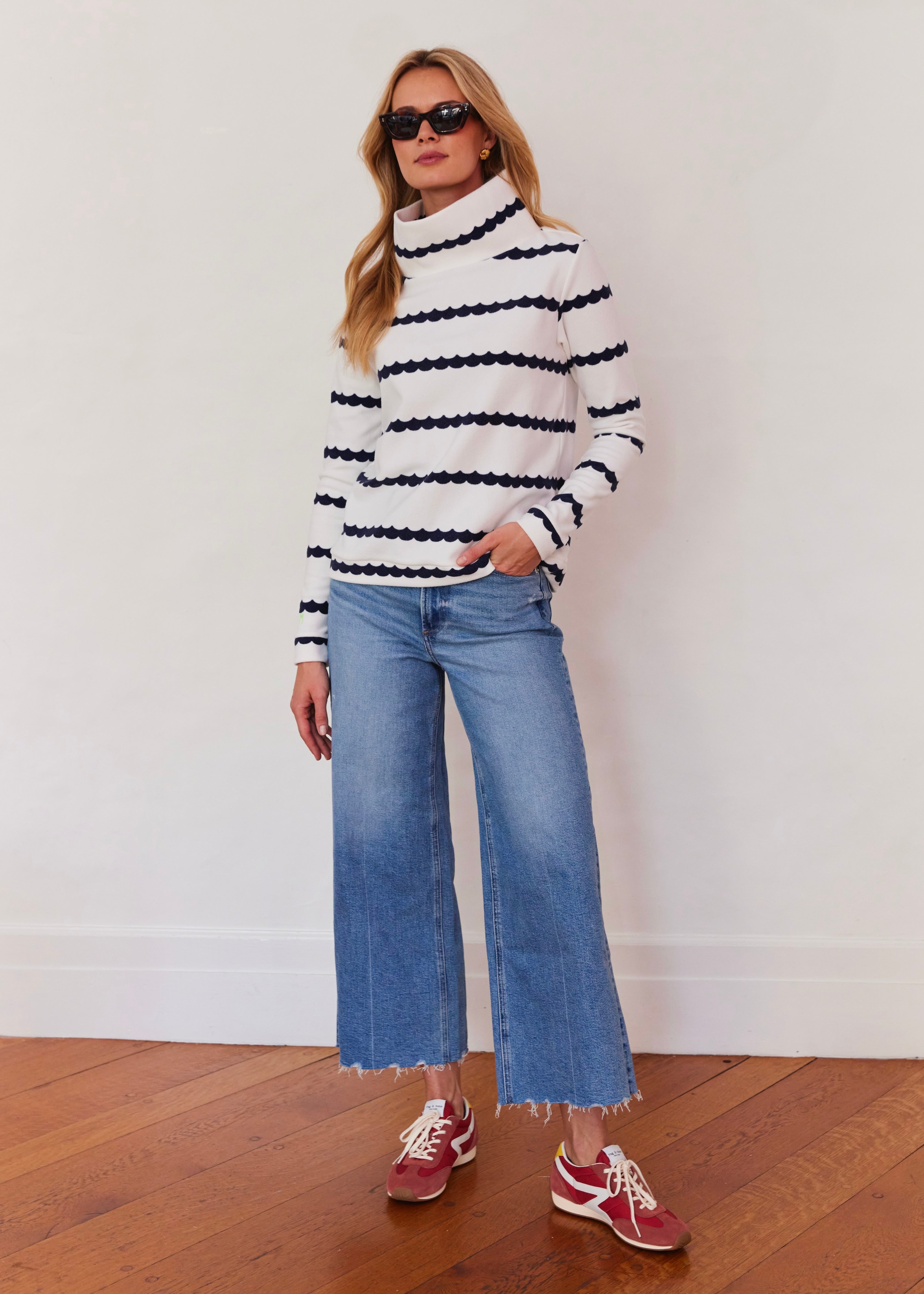 Park Slope Turtleneck in Terry Fleece (Navy Scallop Stripe