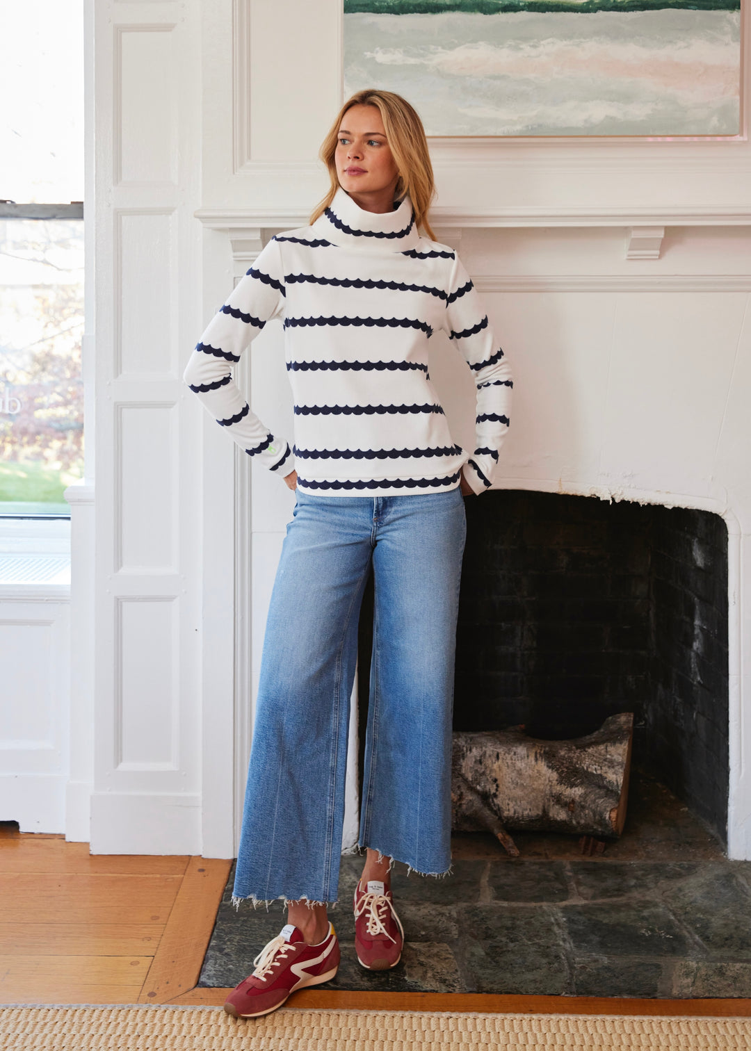 Park Slope Turtleneck in Terry Fleece (Navy Scallop Stripe)