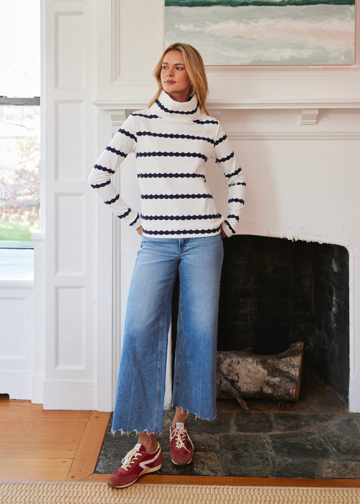 Park Slope Turtleneck in Terry Fleece (Navy Scallop Stripe)