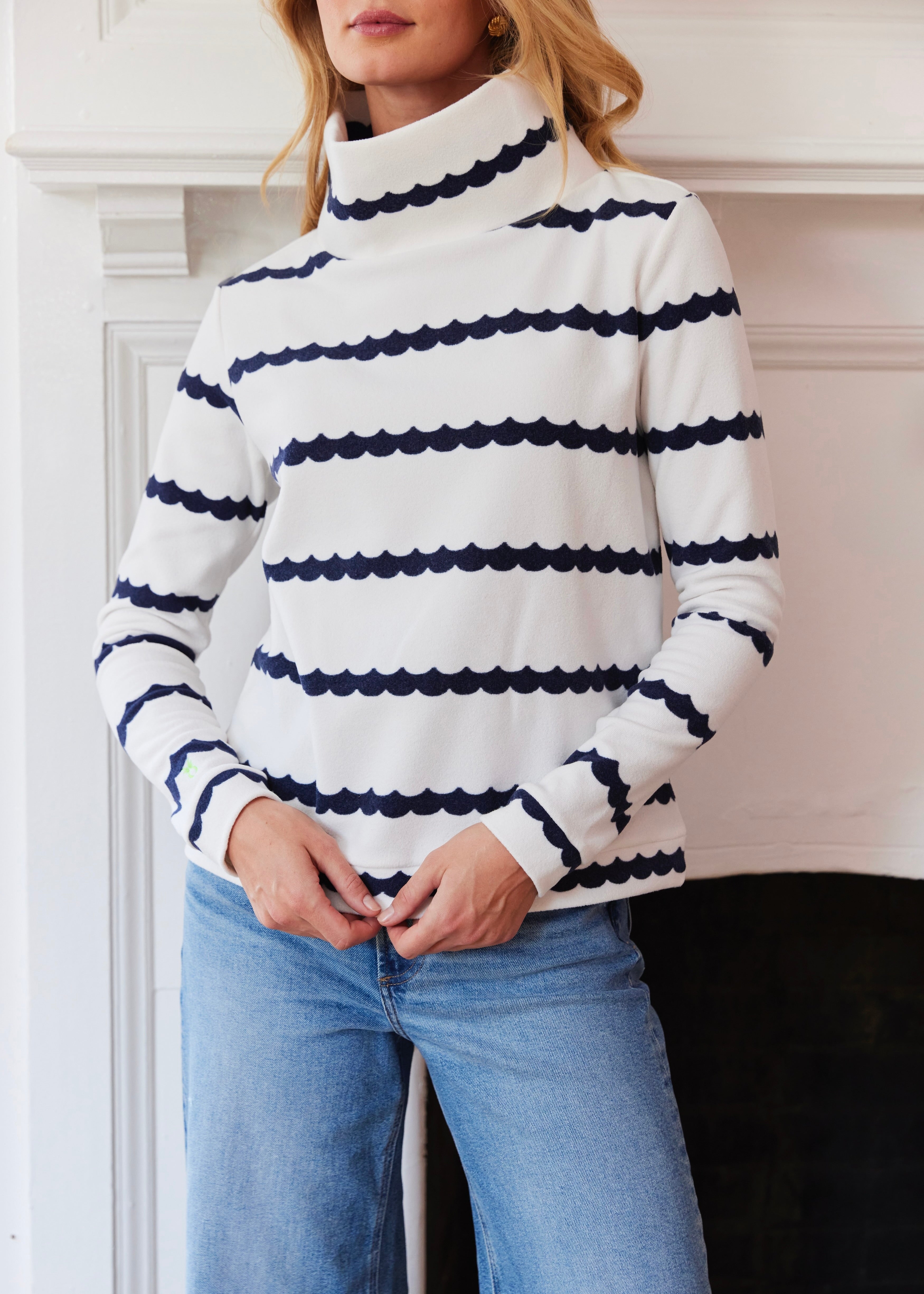 Park Slope Turtleneck in Terry Fleece (Navy Scallop Stripe