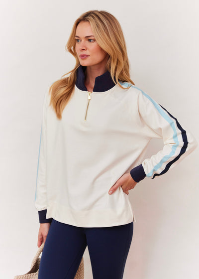 Phoebe Top in Terry Fleece (Cream with Navy and Crystal Blue Stripe)