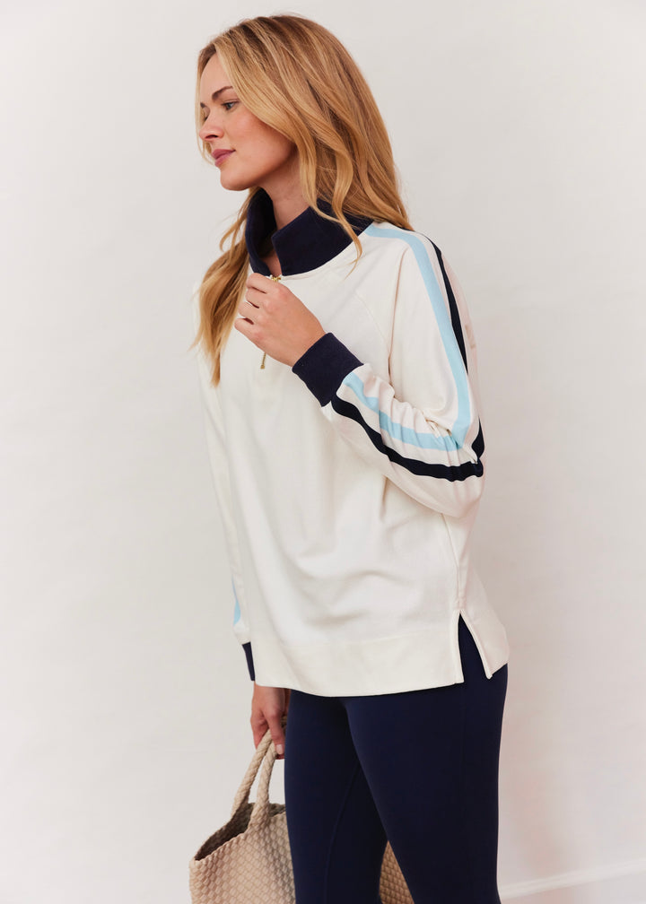 Phoebe Top in Terry Fleece (Cream with Navy and Crystal Blue Stripe)
