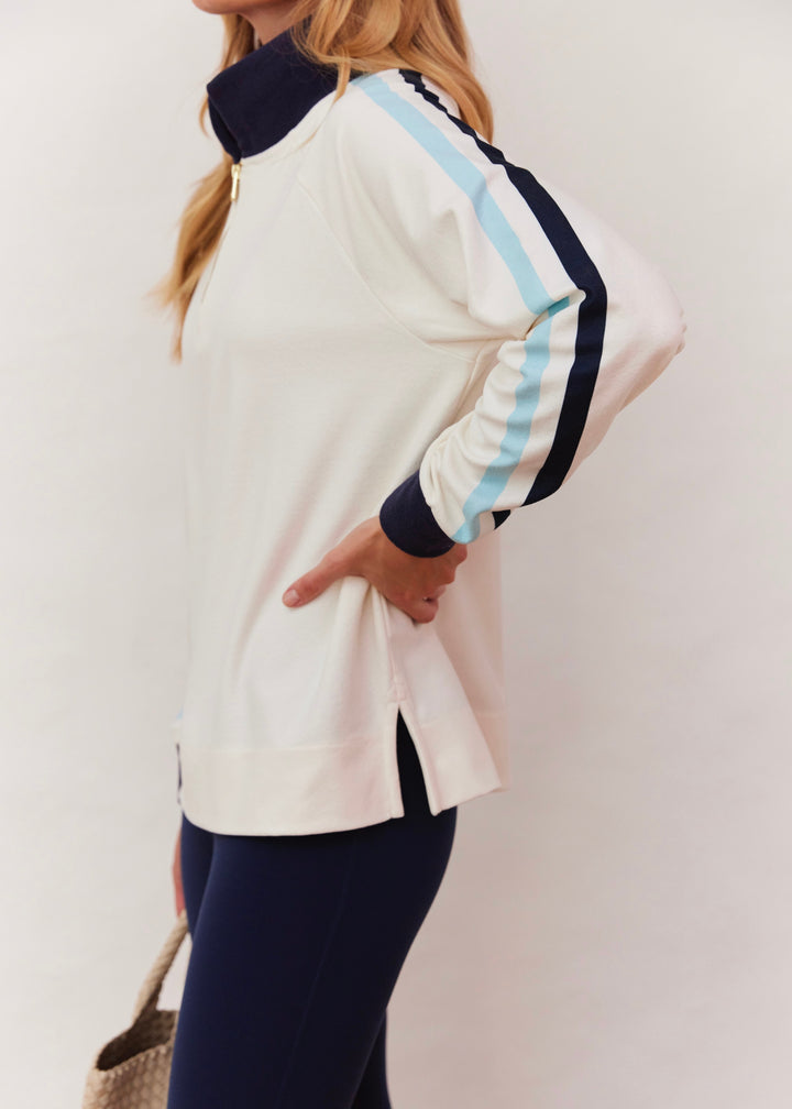 Phoebe Top in Terry Fleece (Cream with Navy and Crystal Blue Stripe)