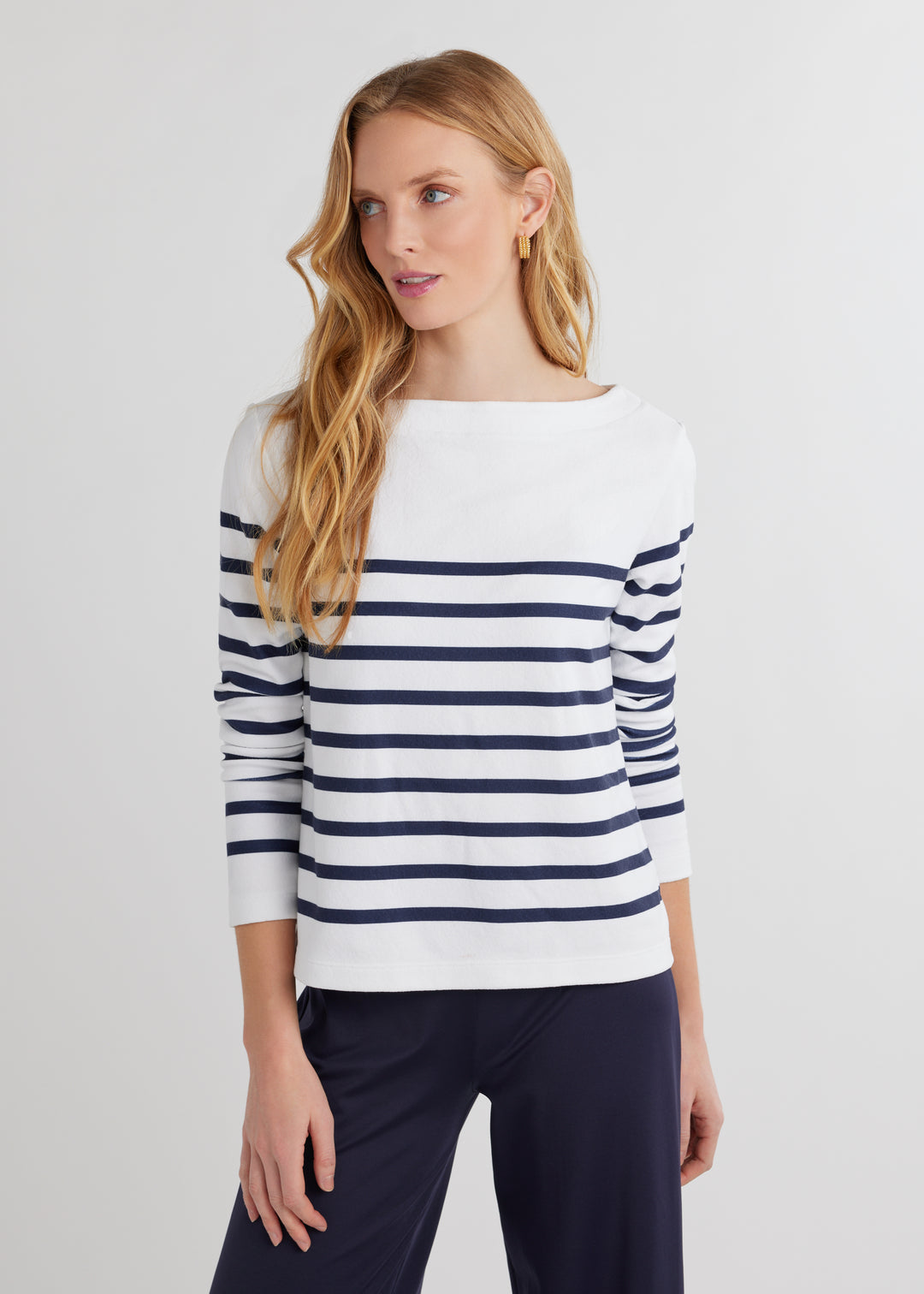 Saylor Boatneck in Terry Fleece (Navy/White Placed Stripe)