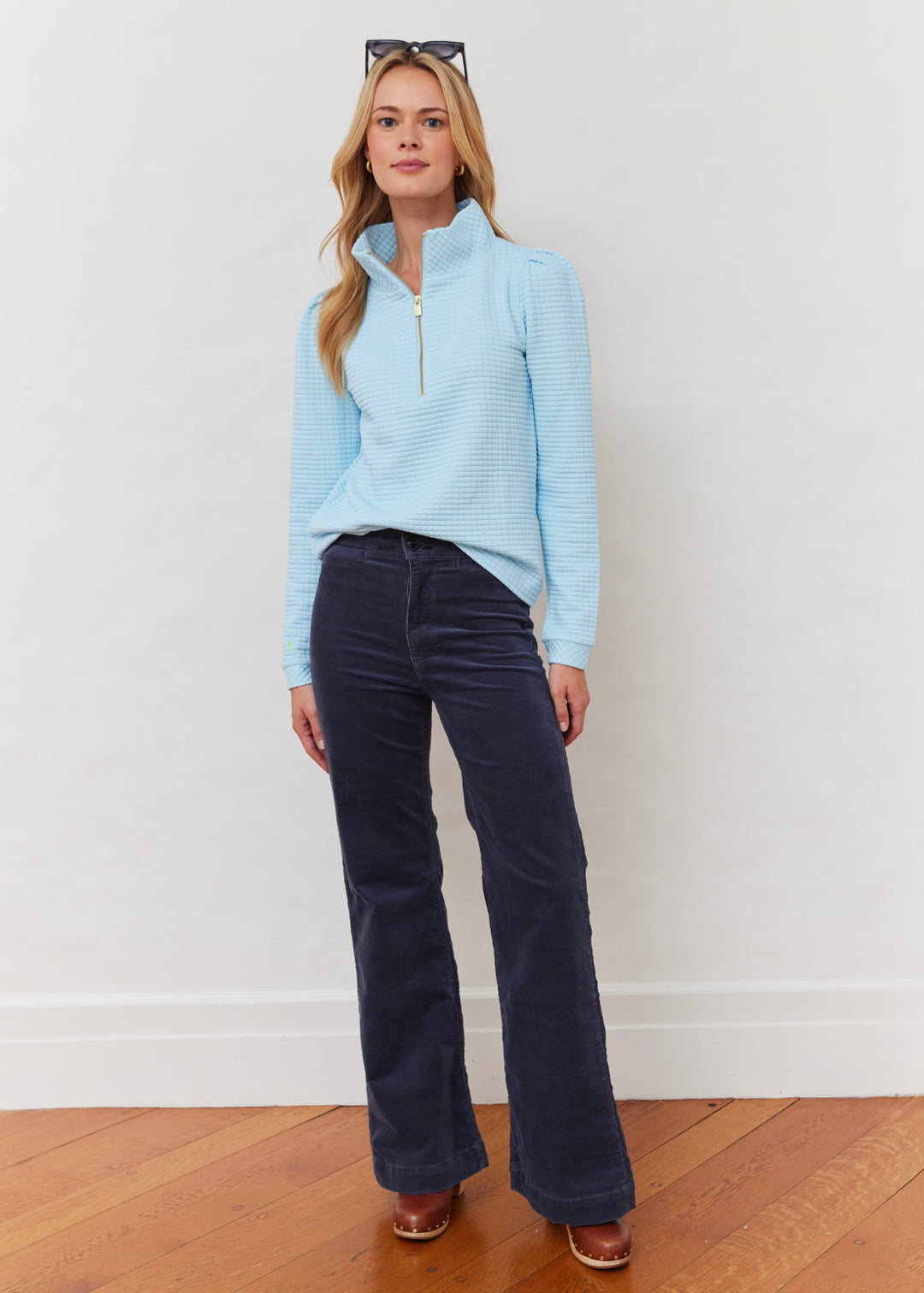 Sabrina Puff Sleeve Pullover in Waffle (Crystal Blue)