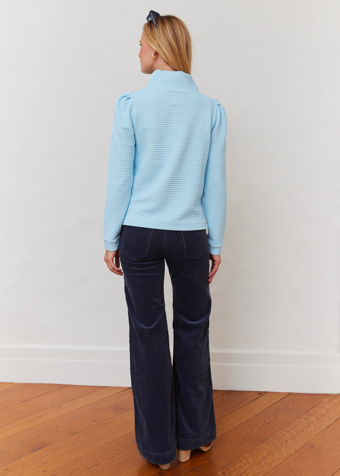 Sabrina Puff Sleeve Pullover in Waffle (Crystal Blue)