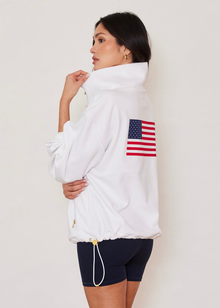 Hartley Pullover in Terry Fleece (White with Placed Flag)