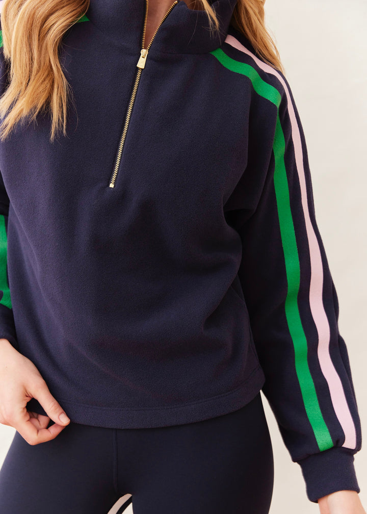 Marion Zip Pullover in Terry Fleece (Navy with Prism Pink and Jelly Bean Stripe)