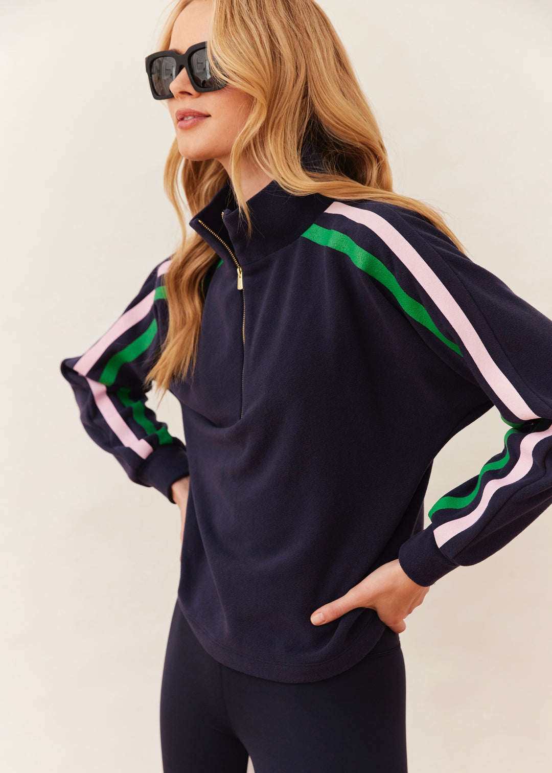 Marion Zip Pullover in Terry Fleece (Navy with Prism Pink and Jelly Bean Stripe)