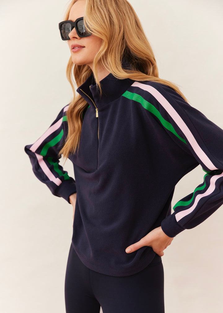 Marion Zip Pullover in Terry Fleece (Navy with Prism Pink and Jelly Bean Stripe)