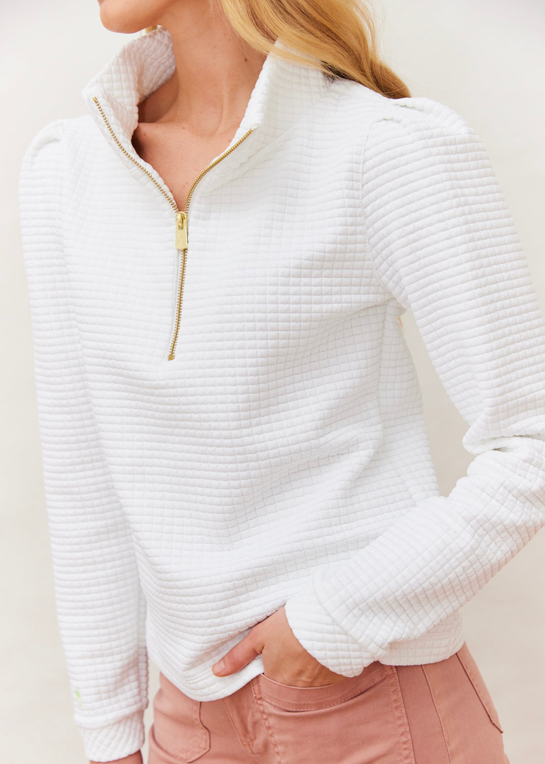 Sabrina Puff Sleeve Pullover in Waffle (White)